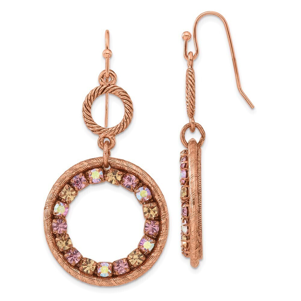 Copper-tone Frame Purple Pink, Colorado Crystal Double Circle Dangle Earrings